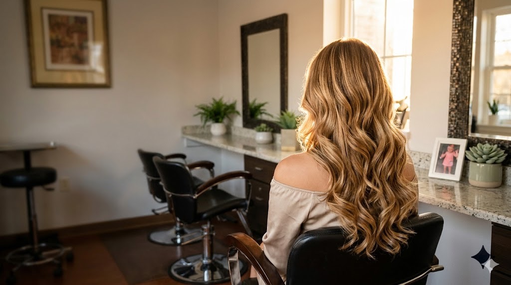 Client with beautiful balayage at New Leaf Salon